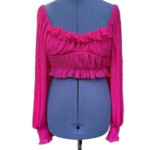 Frilly Romantic Fuchsia Crop Top Women Small Bishop Sleeve Textured Off Shoulder
